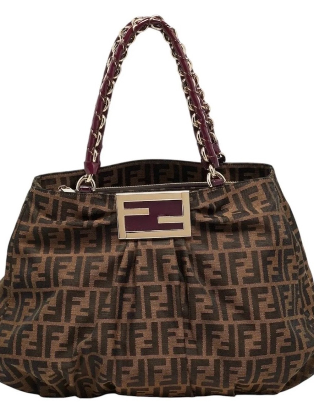 RARE Fendi Brown Logo Tote with Plum Chain Handles